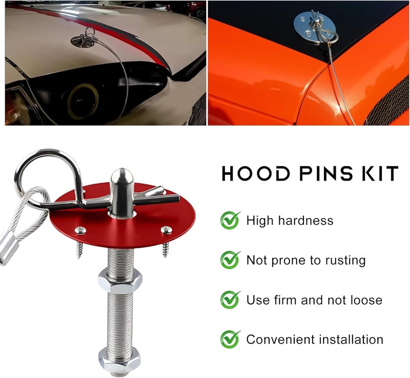 NYTKL 2 PCS Stainless Steel Car Hood Pins Kit, Quick Release Hood Cover Pin Lock Appearance Kit with Racing Lanyard, Universal Engine Bumper Bonnet Pin for Cars Trucks SUVs (Red) - Image 3